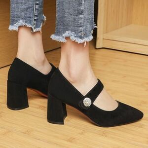 MARC FISHER MFCARNEY MARY- JANE RETRO CHI POINTED TOE SUEDE PUMPS